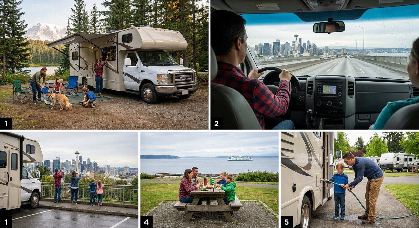 A couple enjoying a coffee inside their cozy rented campervan in Seattle