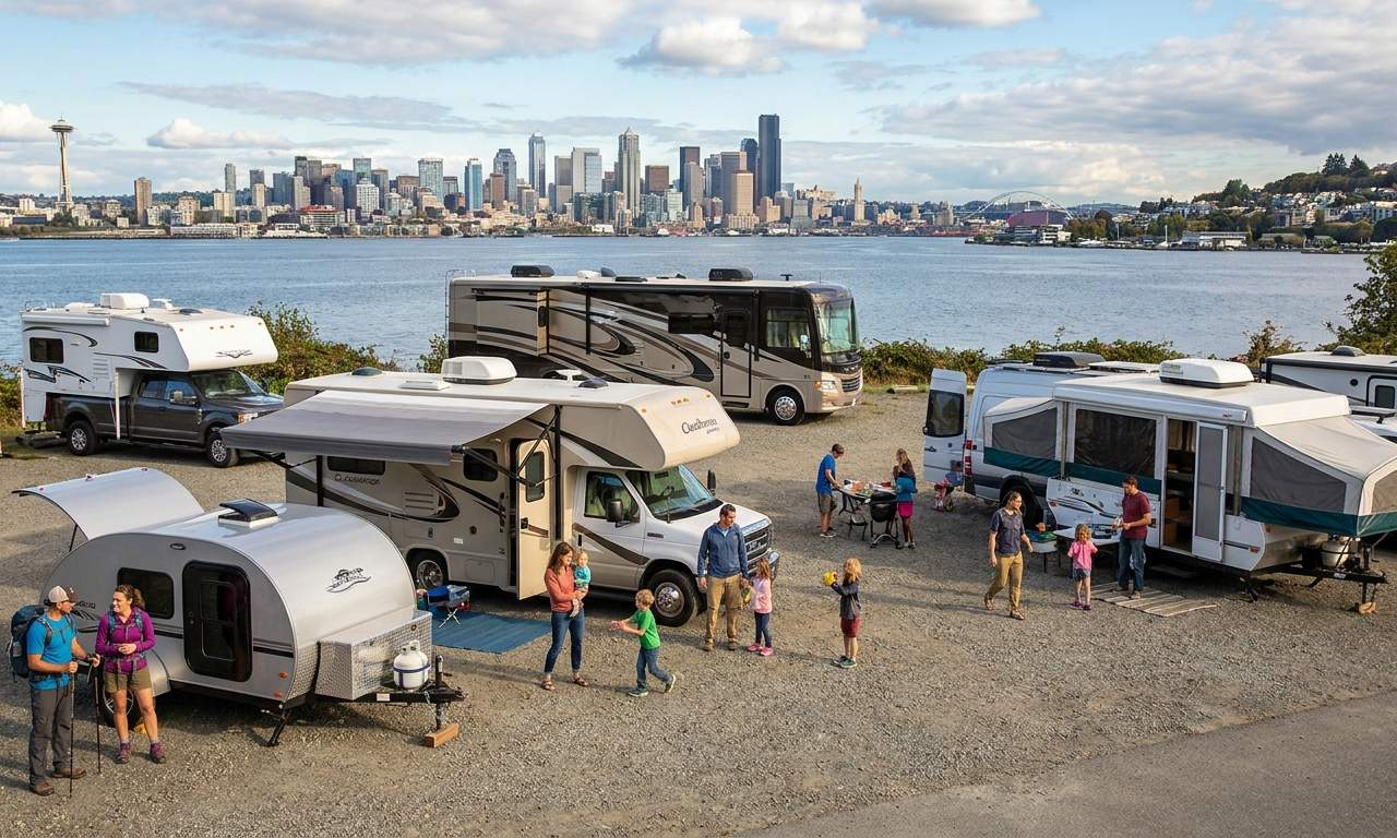 Rodzina ciesząca się przestronnym wnętrzem wynajętego kampera z alkową w Seattle