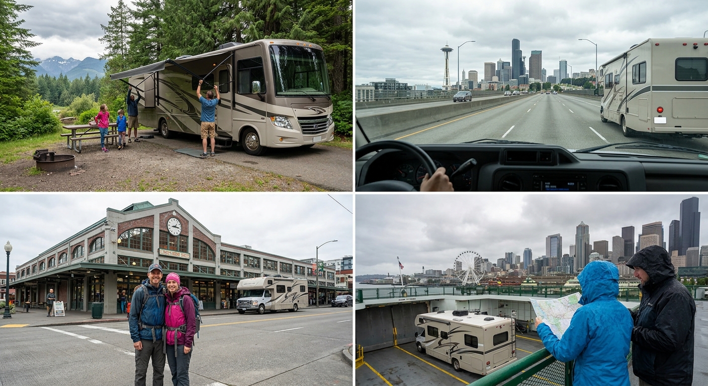 Couple driving a rented RV in Seattle