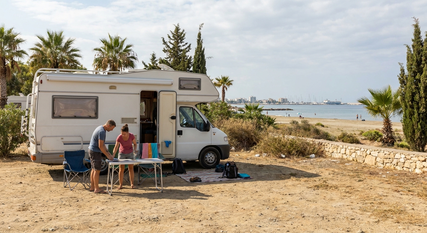 Motorhomes of various sizes parked in a scenic Limassol landscape