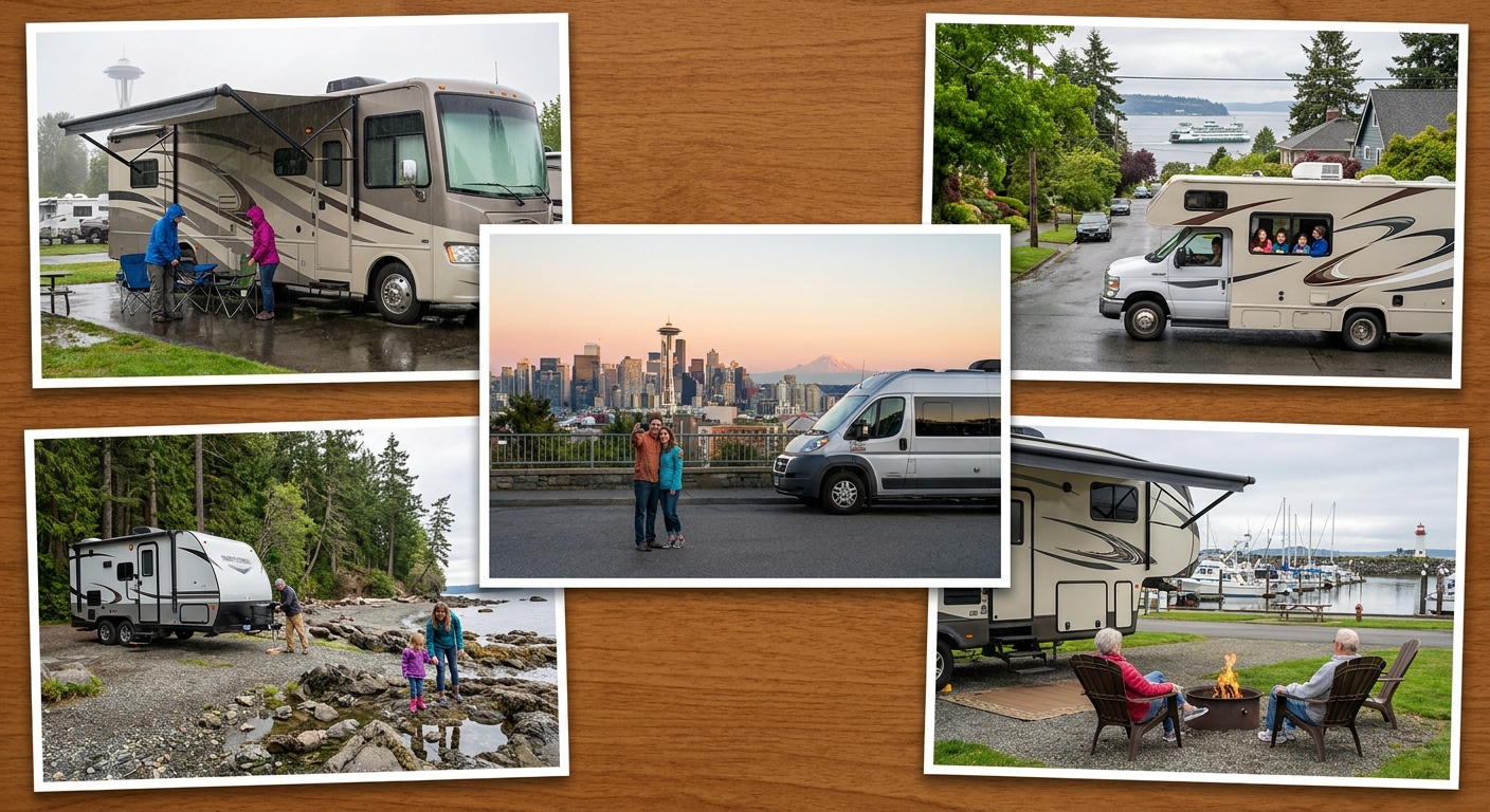 A family with their dog enjoying the spacious interior of a Class C motorhome rental near Seattle