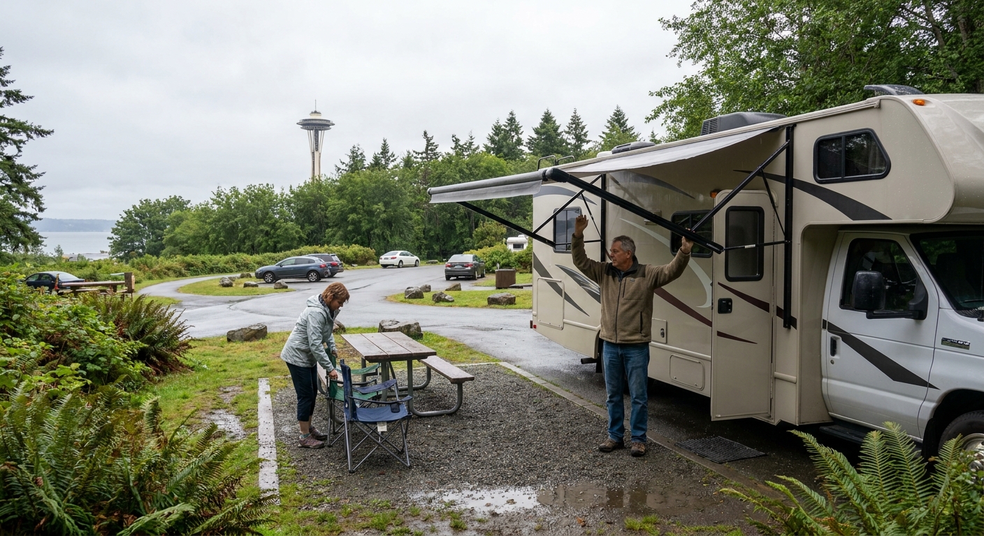 A driver's hands on the steering wheel of a motorhome traveling on a highway near Seattle.